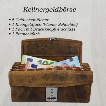 XXL Leder Wasserbüffel Gastronomie Kellnerbörse mit 5 Scheinfächern Rustikalton braun